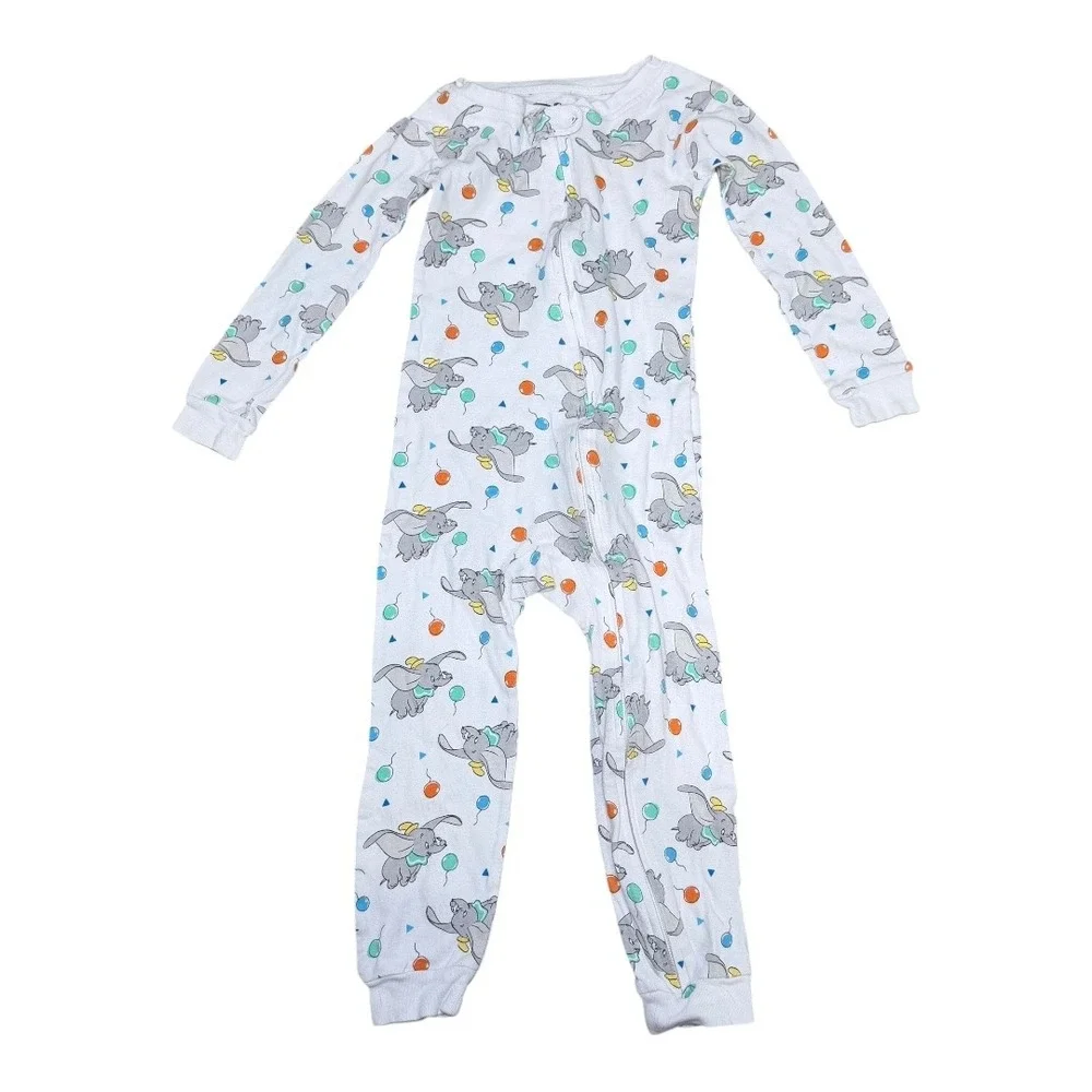 Disney Dumbo Pajamas Kids 4T Sleeper One Piece White Balloon Print Cotton Zip Up